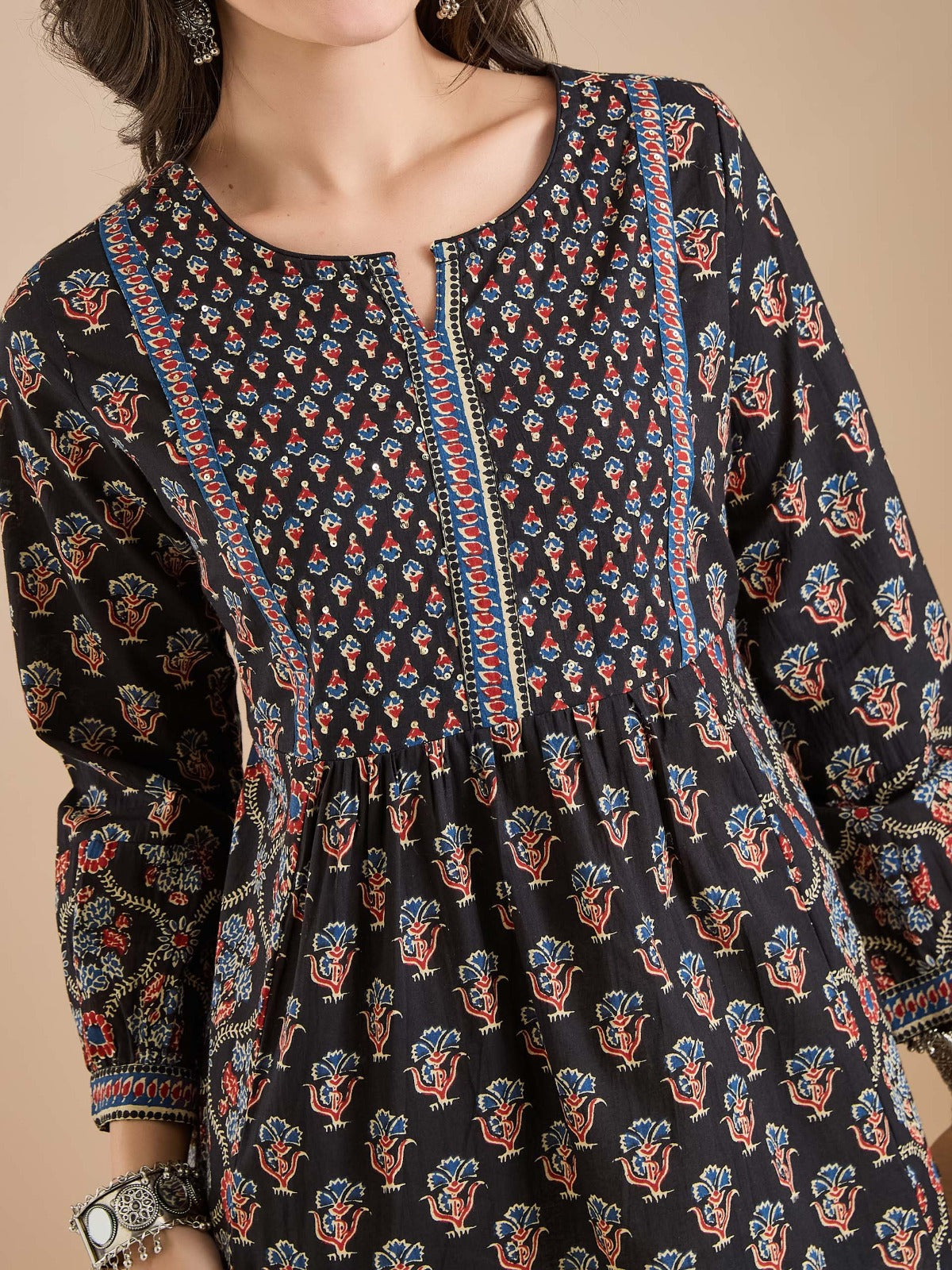 Women’s Floral Print Pure Cotton Black Peplum Top