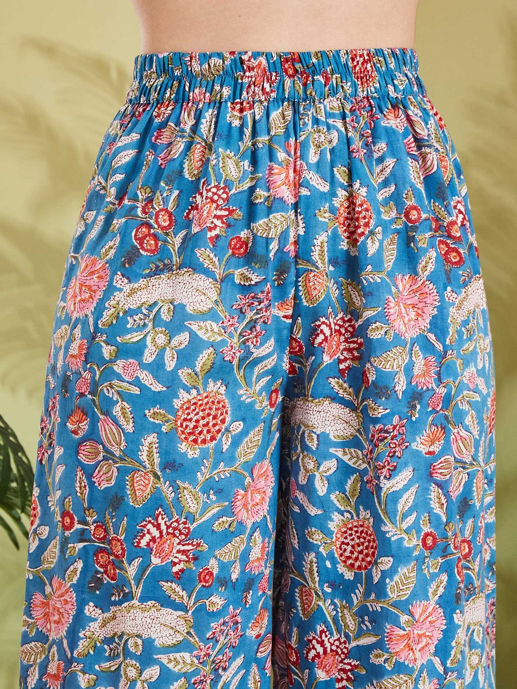 Women Handblock Printed Pure Cotton Sky Blue A-Line Kurta Set with Palazzos