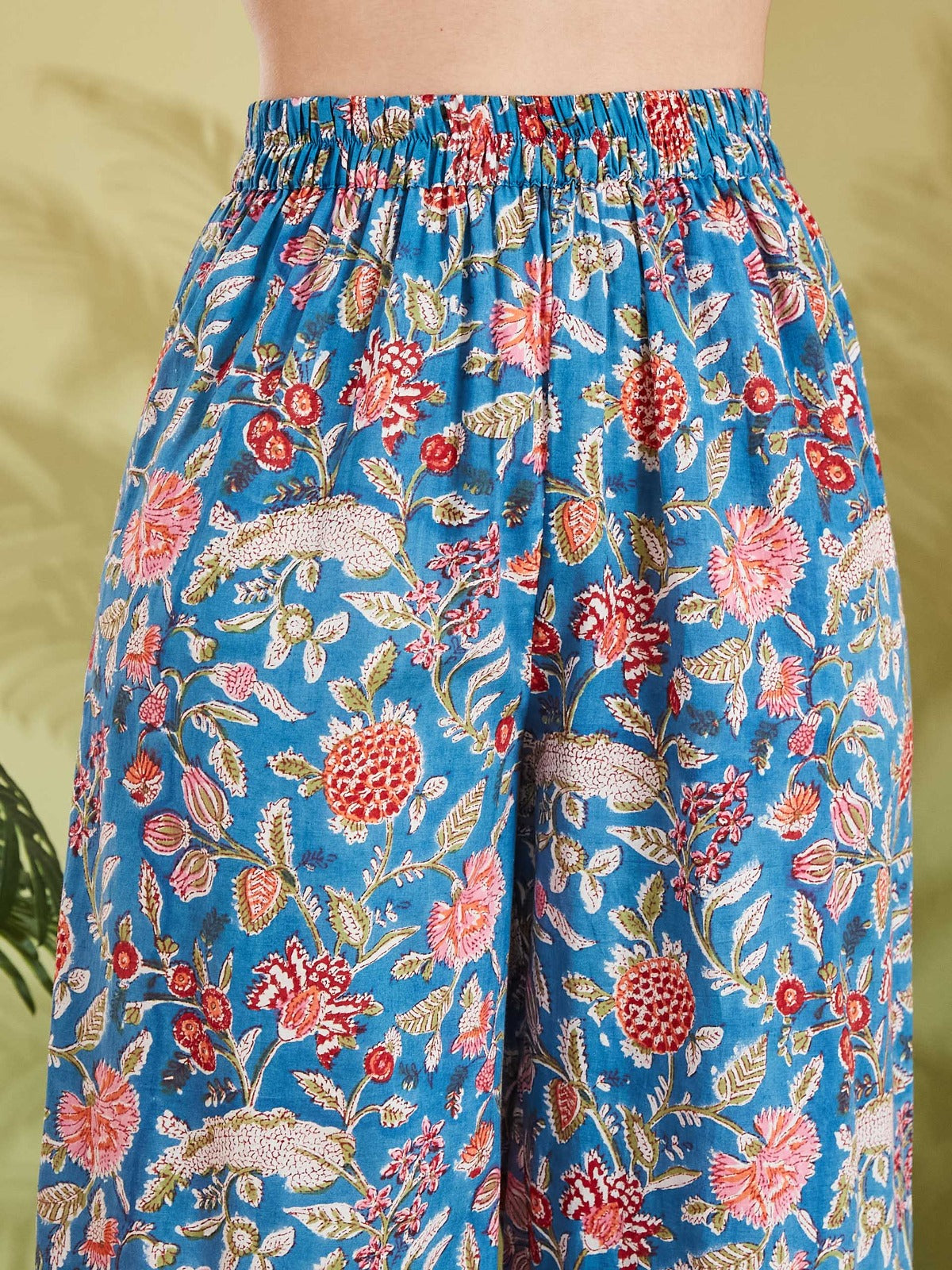 Women Handblock Printed Pure Cotton Sky Blue A-Line Kurta Set with Palazzos