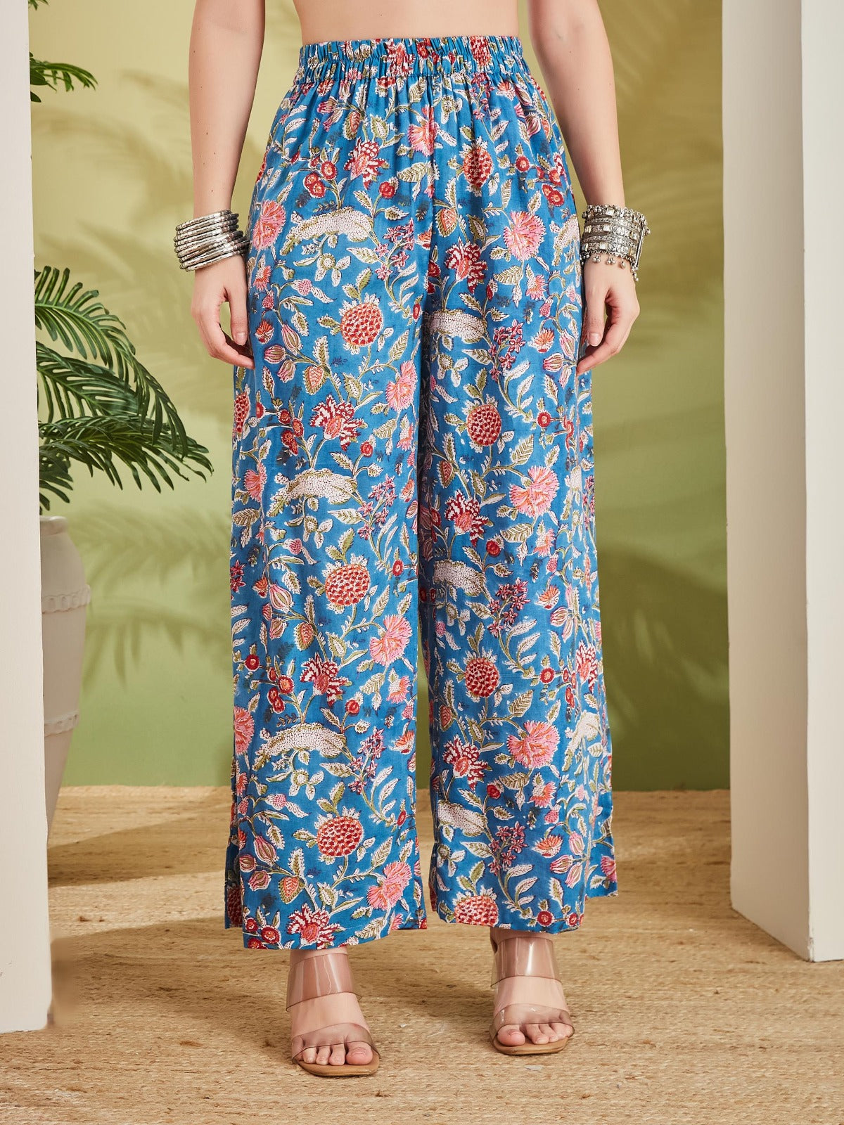Women Handblock Printed Pure Cotton Sky Blue A-Line Kurta Set with Palazzos