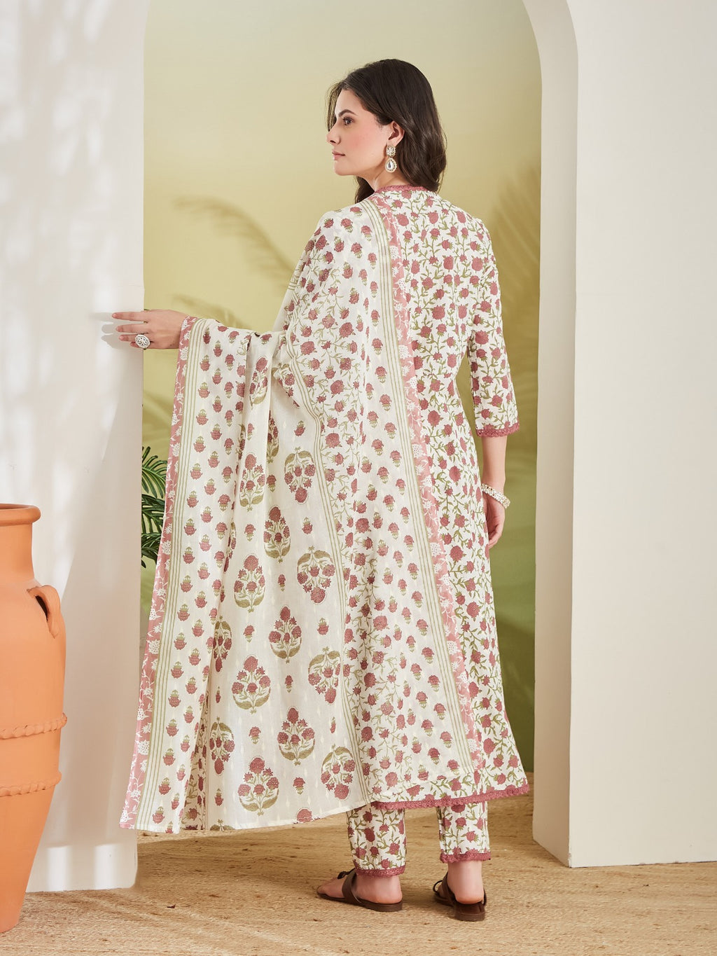 Women’s Floral Printed Pure Cotton Cream Anarkali Kurta Set with Trousers & Dupatta