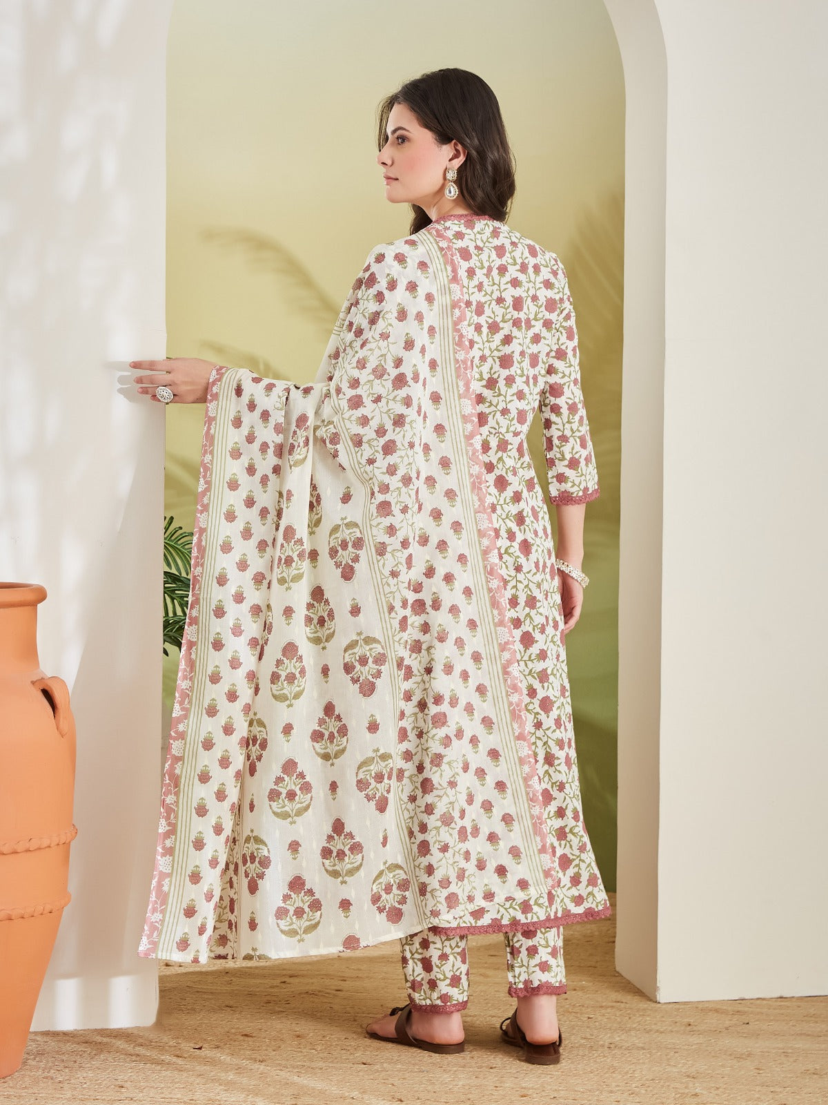 Women’s Floral Printed Pure Cotton Cream Anarkali Kurta Set with Trousers & Dupatta