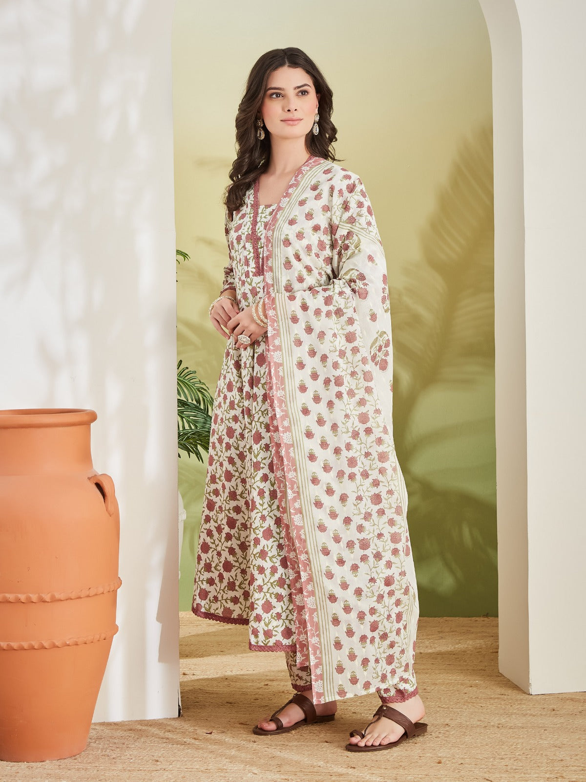 Women’s Floral Printed Pure Cotton Cream Anarkali Kurta Set with Trousers & Dupatta