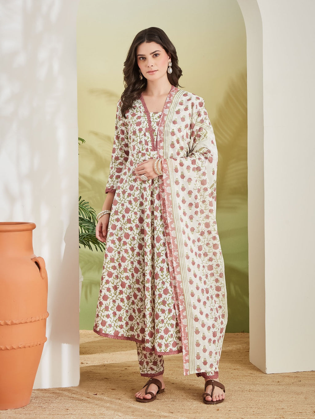 Women’s Floral Printed Pure Cotton Cream Anarkali Kurta Set with Trousers & Dupatta
