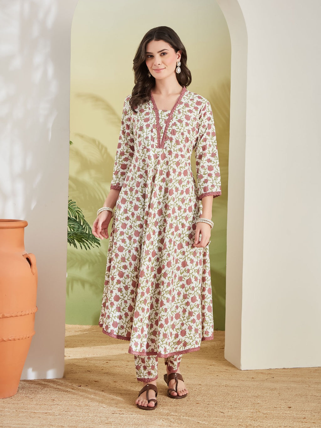 Women’s Floral Printed Pure Cotton Cream Anarkali Kurta Set with Trousers & Dupatta