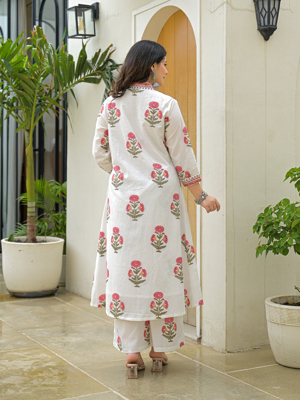 White Hand Block Printed Pure Cotton A-Line Kurta Set with Pants & Dupatta