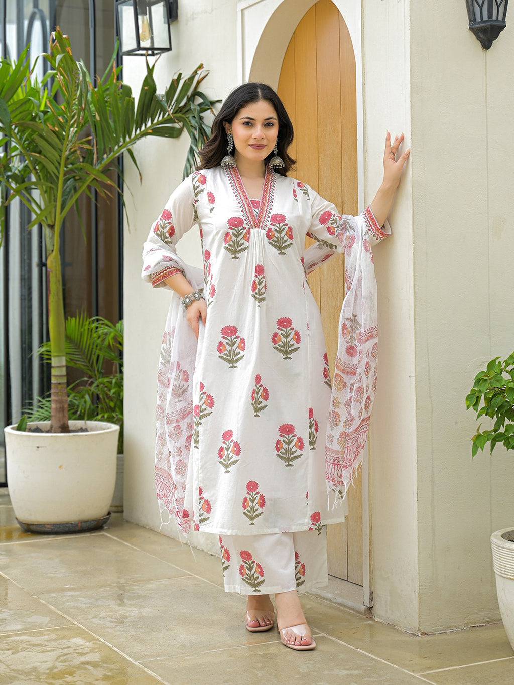 White Hand Block Printed Pure Cotton A-Line Kurta Set with Pants & Dupatta