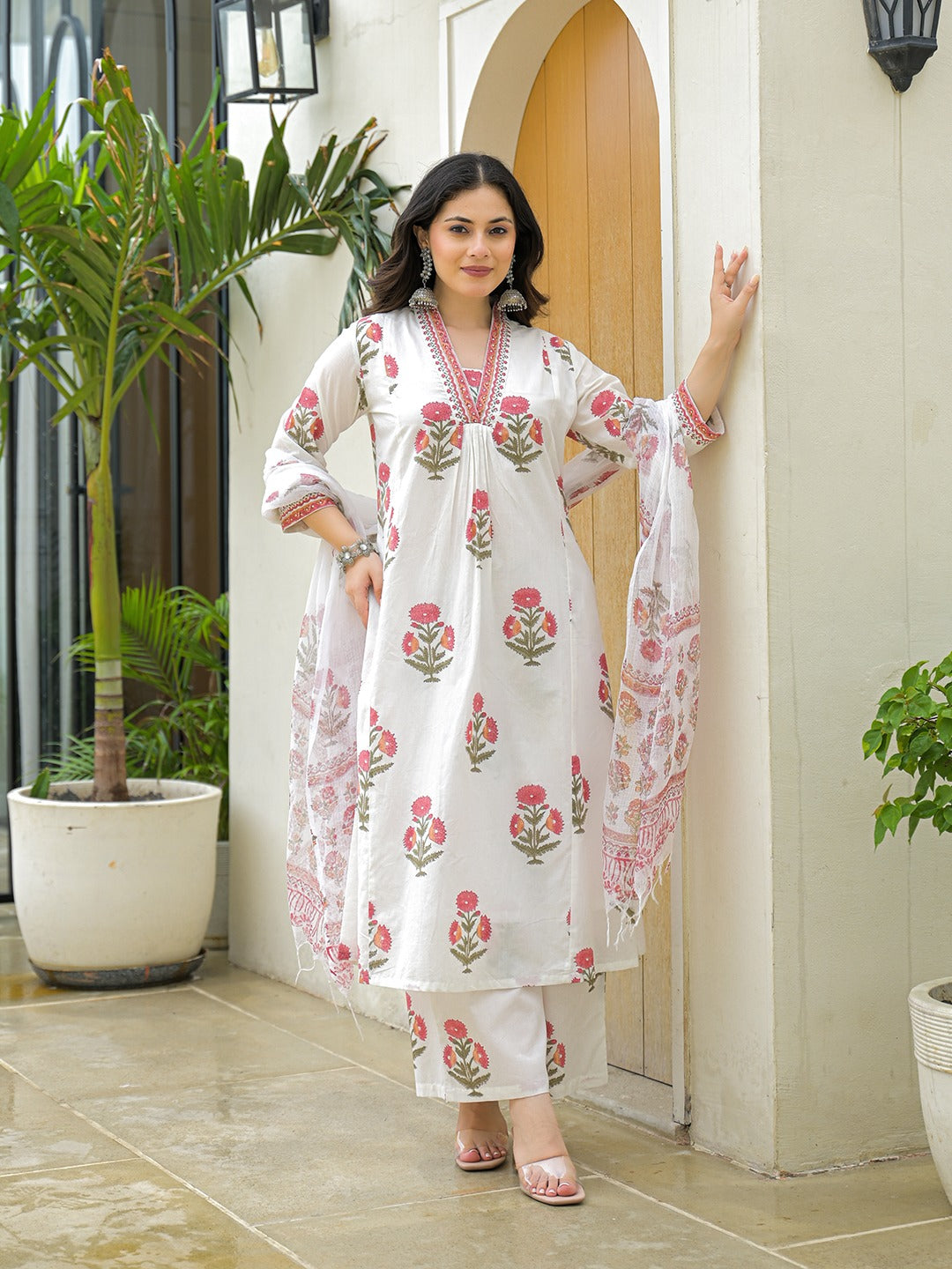 White Hand Block Printed Pure Cotton A-Line Kurta Set with Pants & Dupatta