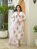 White Hand Block Printed Pure Cotton A-Line Kurta Set with Pants & Dupatta
