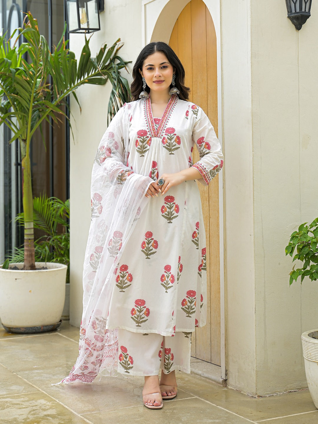 White Hand Block Printed Pure Cotton A-Line Kurta Set with Pants & Dupatta