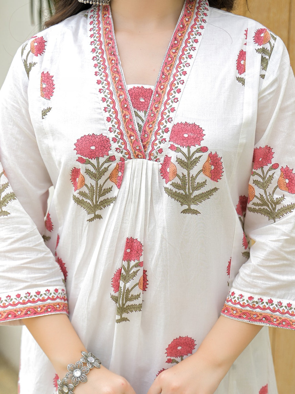 White Hand Block Printed Pure Cotton A-Line Kurta Set with Pants & Dupatta