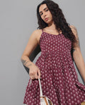 Women Burgundy Floral Printed Pure Cotton Gathered Tier Top