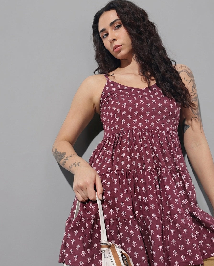 Women Burgundy Floral Printed Pure Cotton Gathered Tier Top