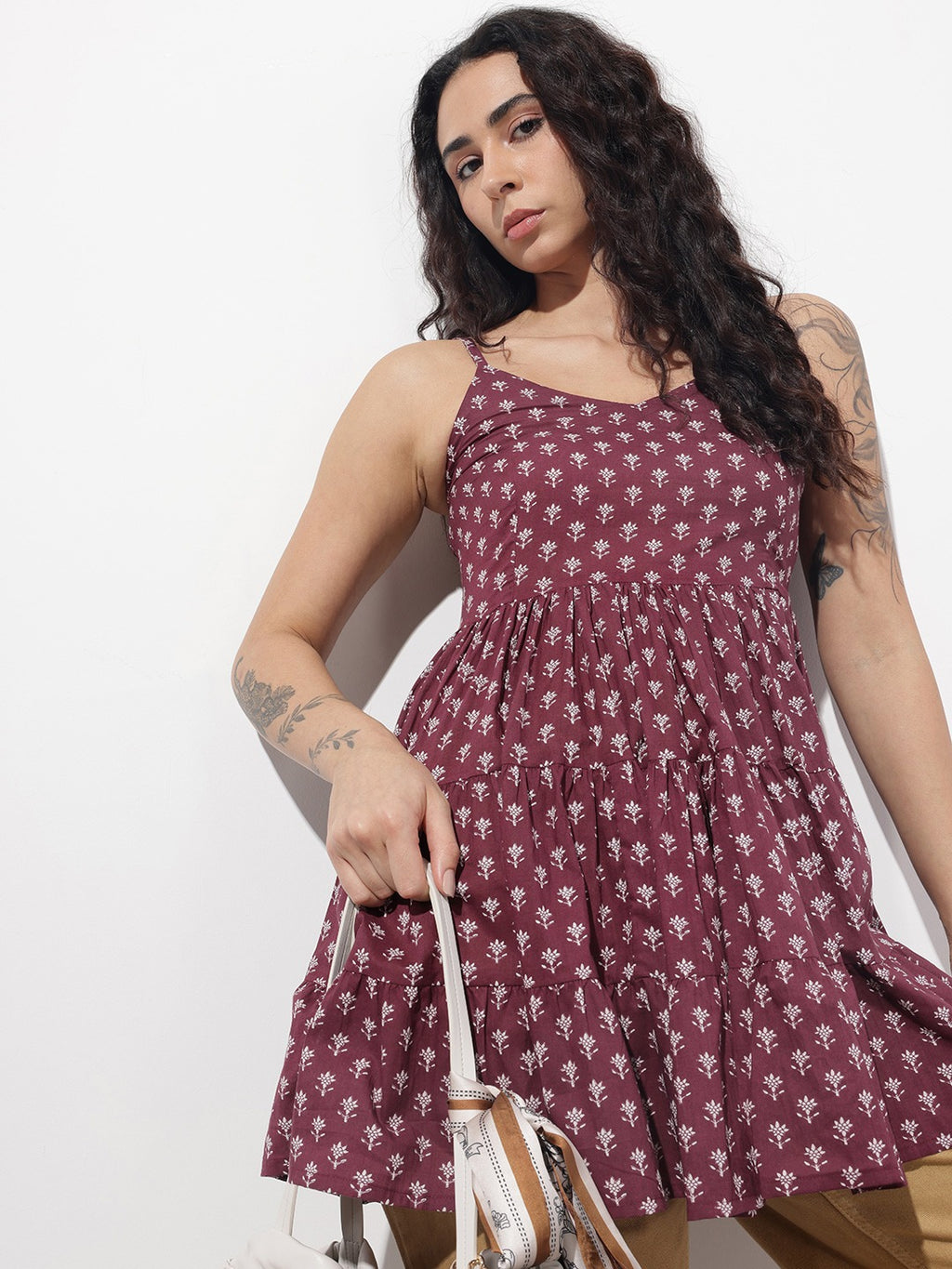 Women Burgundy Floral Printed Pure Cotton Gathered Tier Top