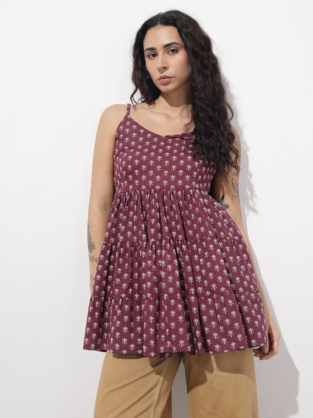 Women Burgundy Floral Printed Pure Cotton Gathered Tier Top
