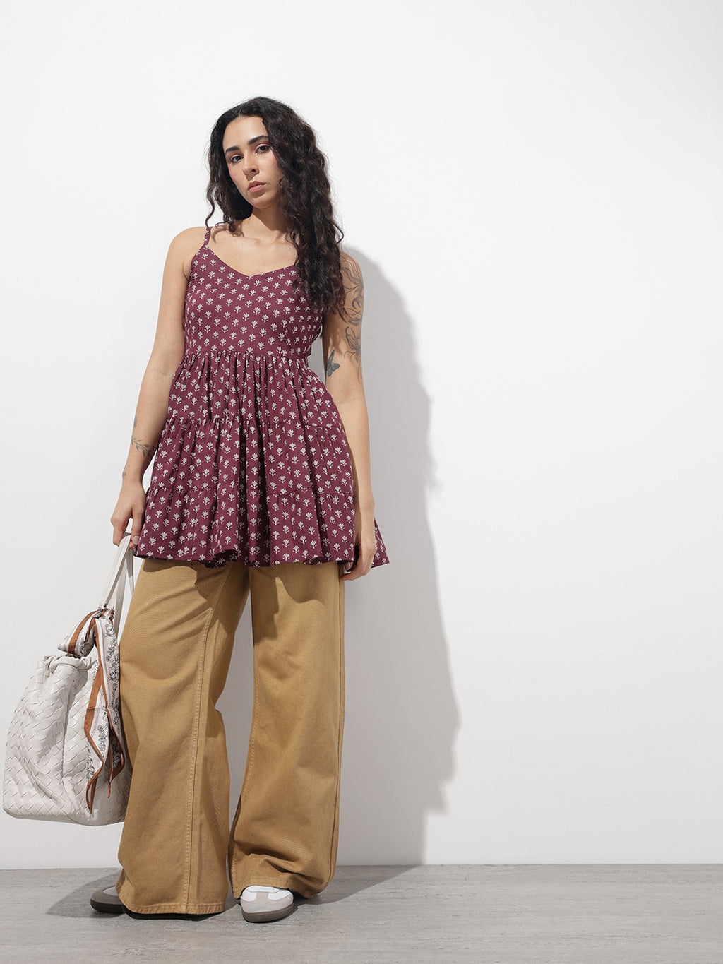 Women Burgundy Floral Printed Pure Cotton Gathered Tier Top