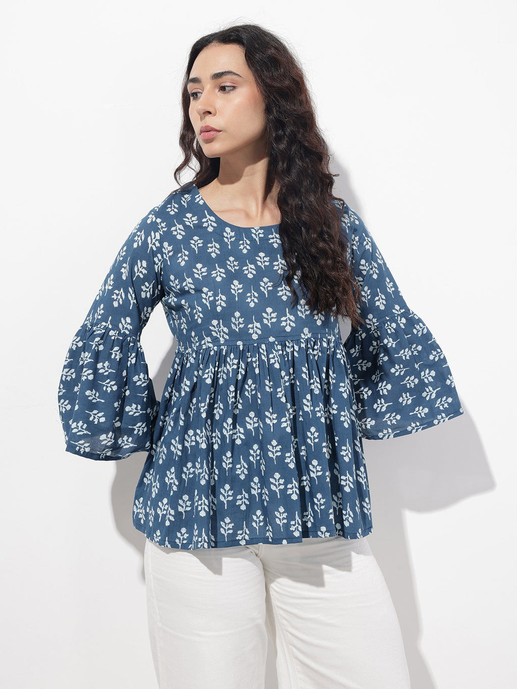 Women Blue Floral Cotton Peplum Top