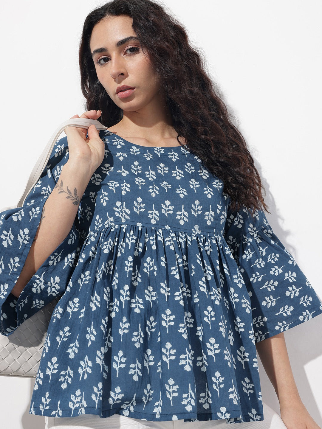 Women Blue Floral Cotton Peplum Top