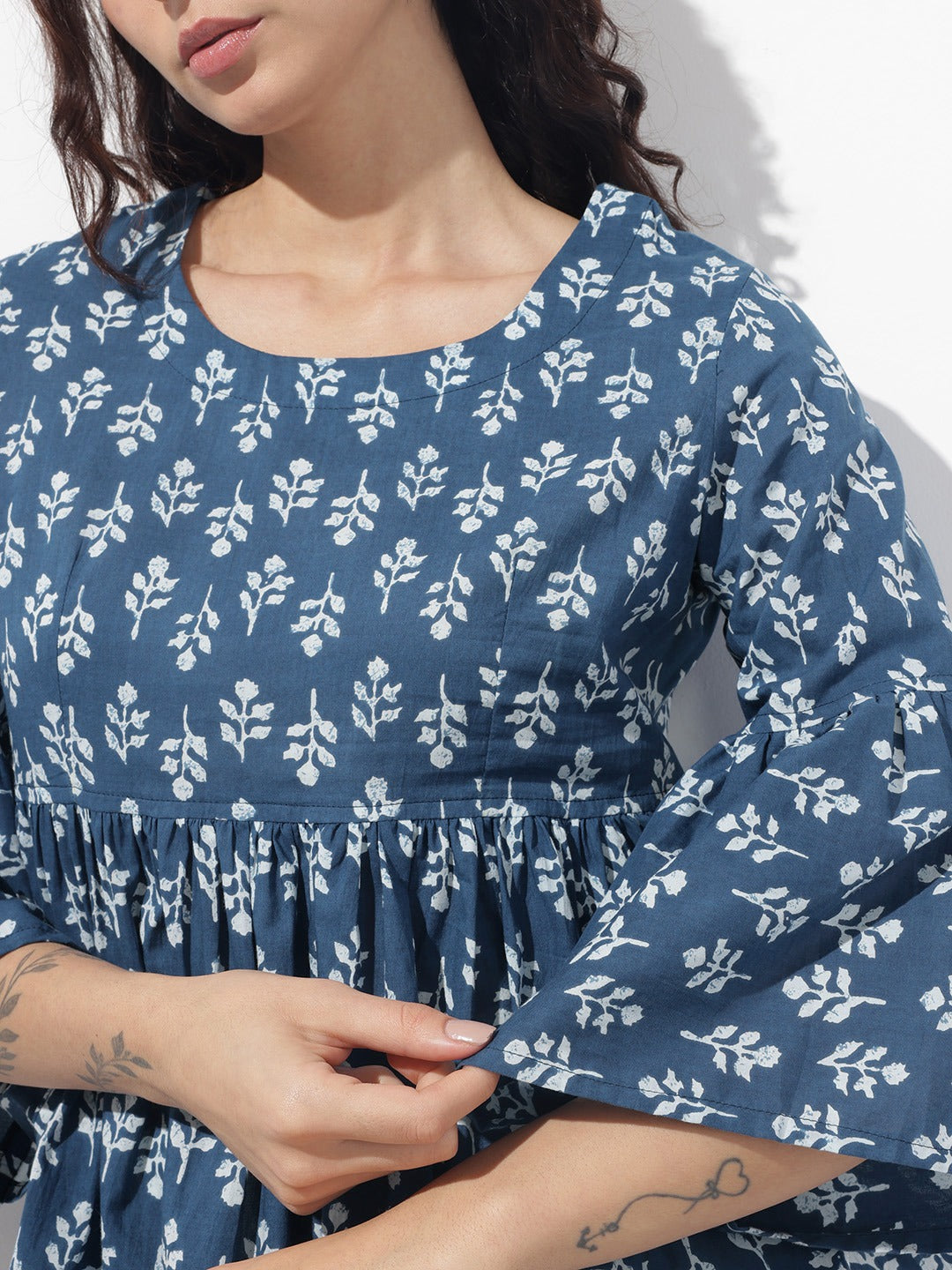 Women Blue Floral Cotton Peplum Top