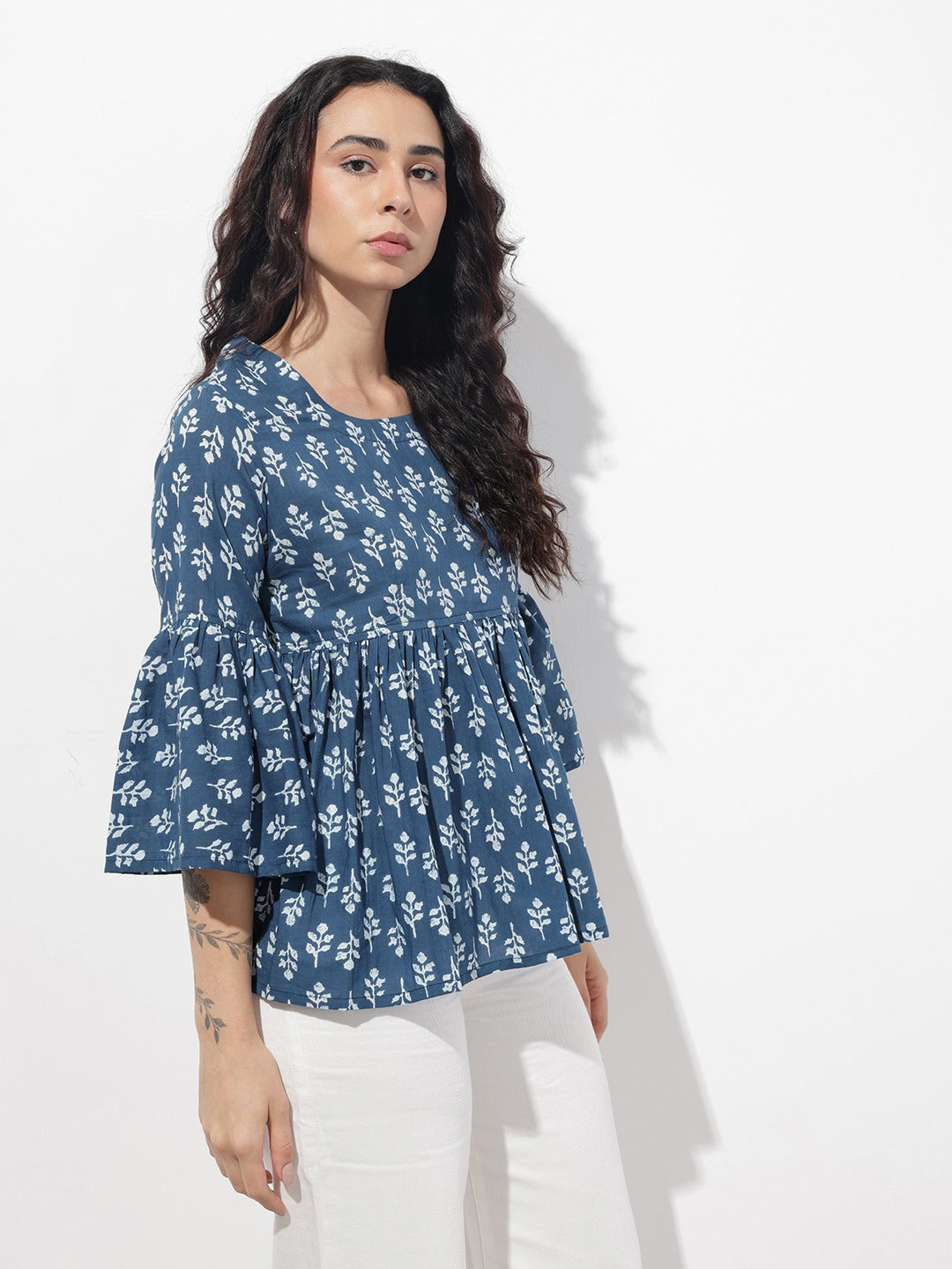 Women Blue Floral Cotton Peplum Top