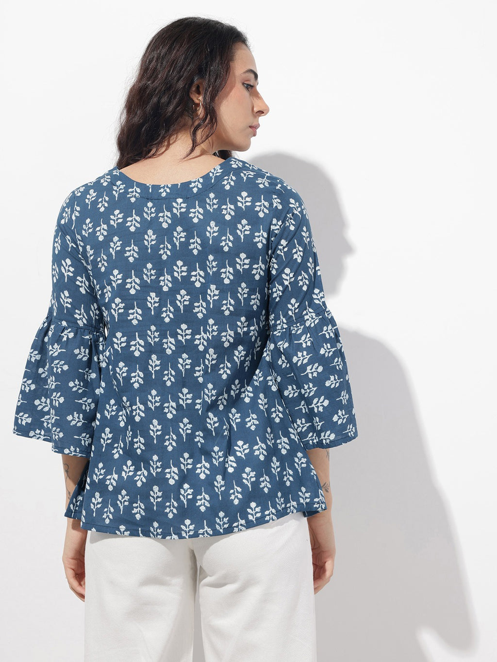 Women Blue Floral Cotton Peplum Top