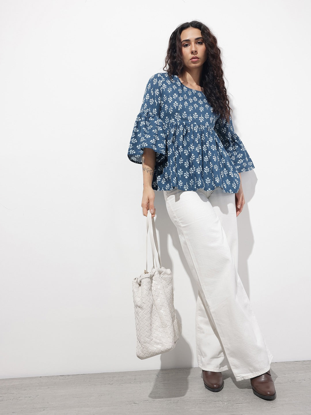 Women Blue Floral Cotton Peplum Top