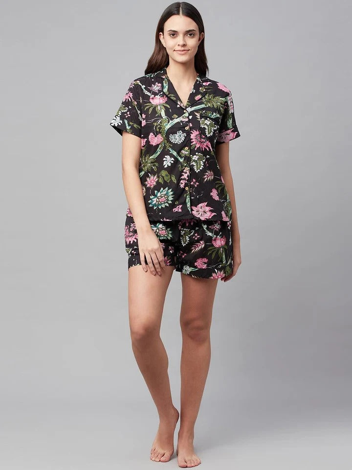 Women’s Floral Print Pure Cotton Shirt & Shorts Night Suit