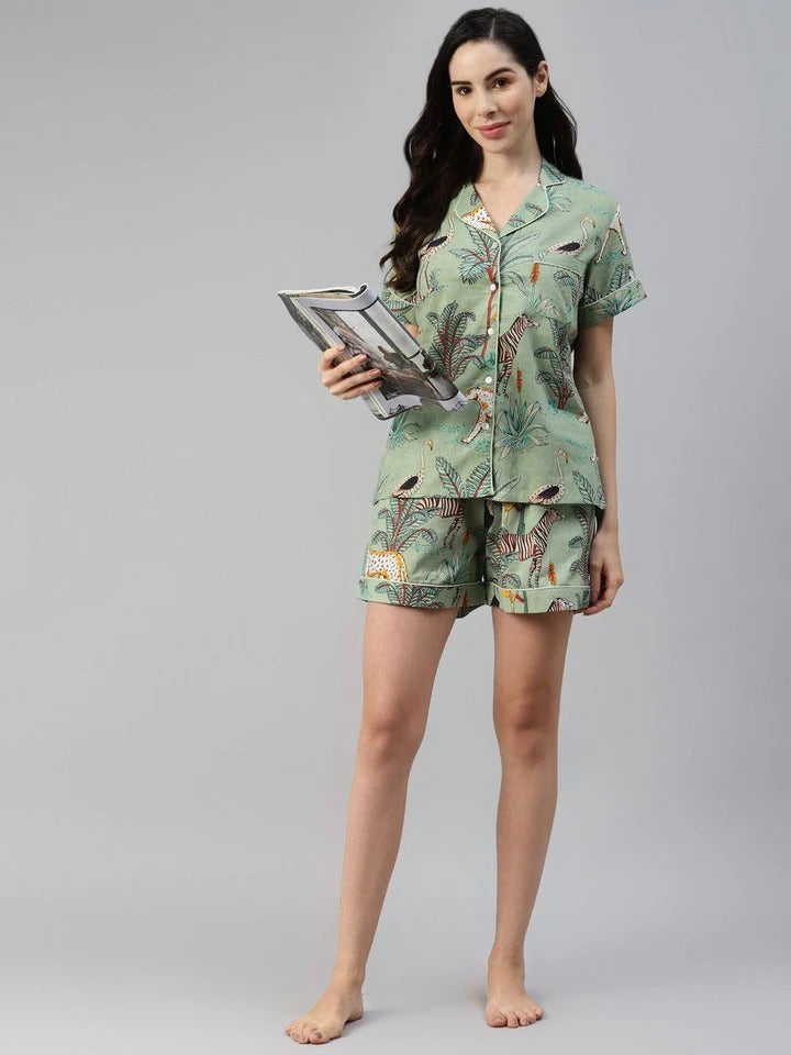 Women’s Floral Print Pure Cotton Shirt & Shorts Night Suit