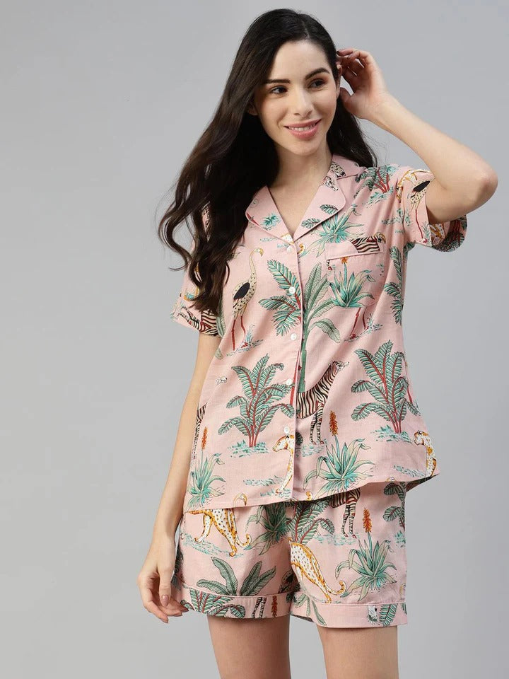 Women’s Floral Print Pure Cotton Shirt & Shorts Night Suit