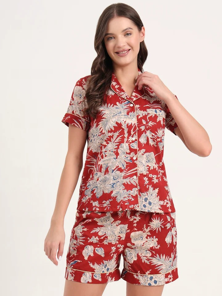 Women’s Floral Print Pure Cotton Shirt & Shorts Night Suit