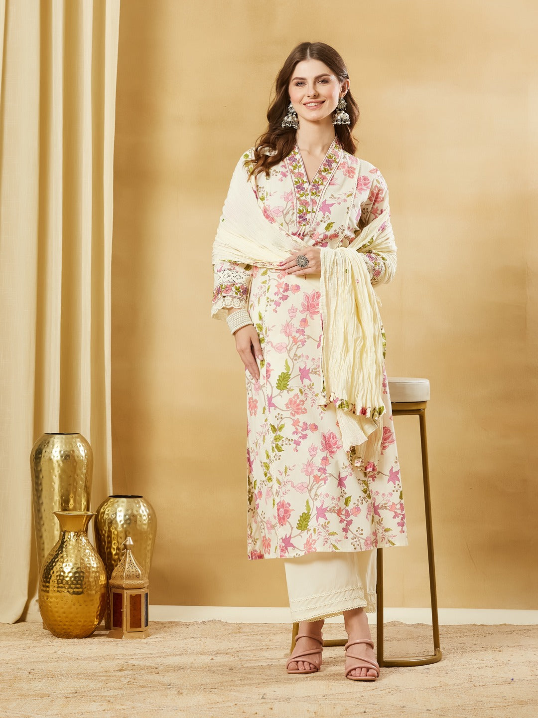 White Pure Cotton A-Line Kurta Pant Set with Dupatta