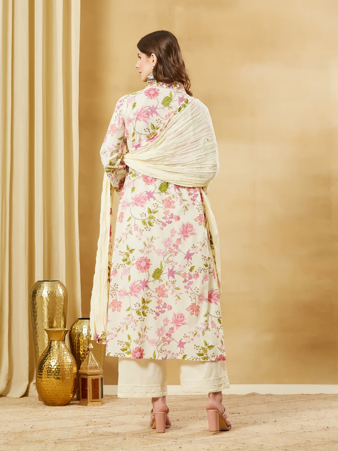 White Pure Cotton A-Line Kurta Pant Set with Dupatta