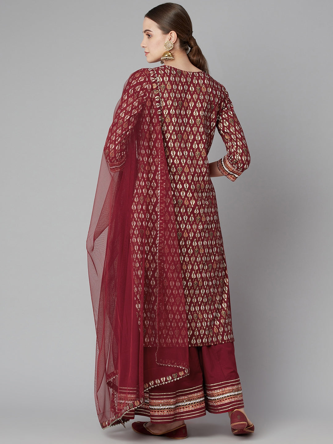 Maroon Cotton Kurta Palazzo Set with Net Dupatta