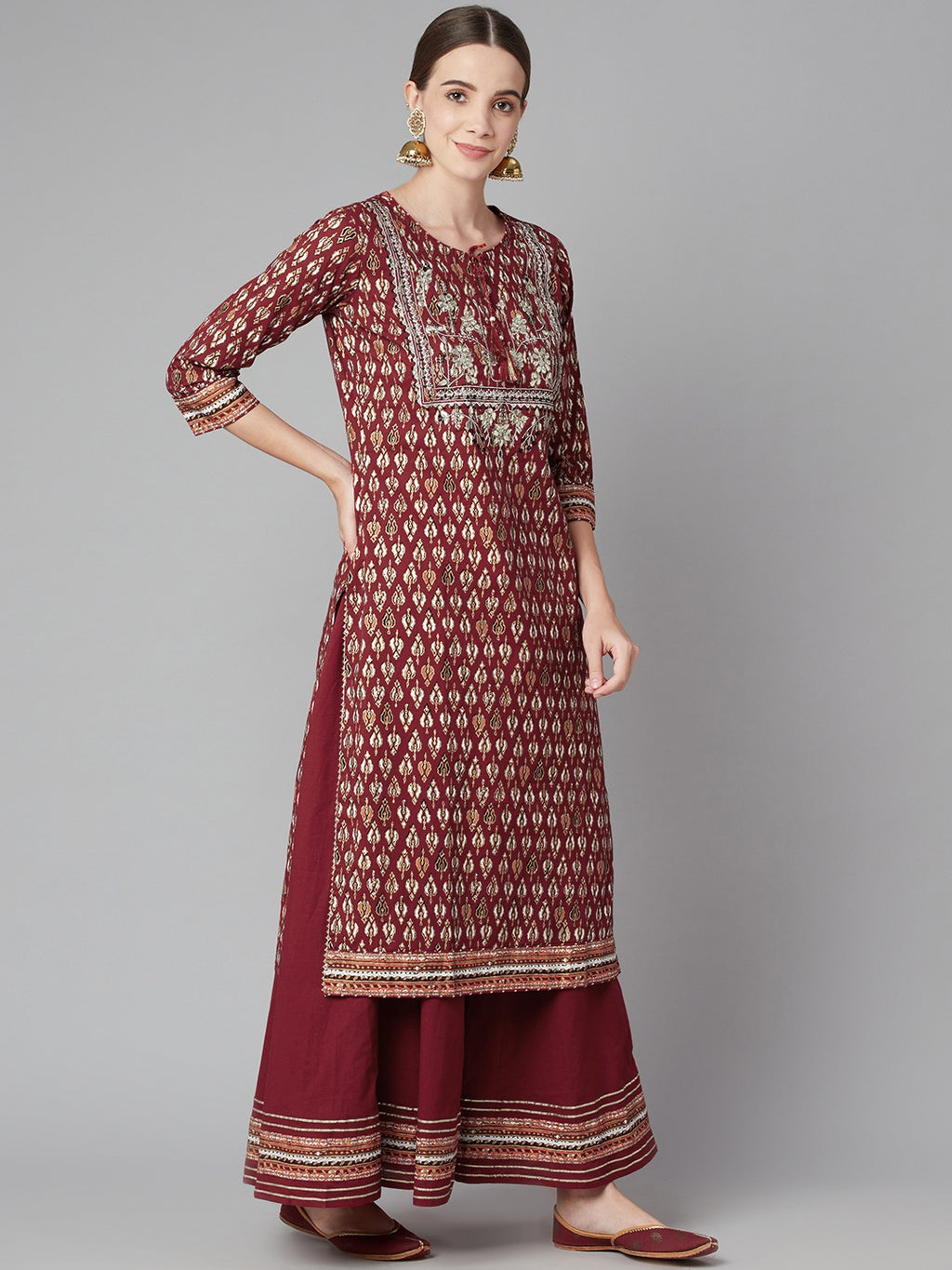 Maroon Cotton Kurta Palazzo Set with Net Dupatta