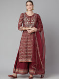 Maroon Cotton Kurta Palazzo Set with Net Dupatta