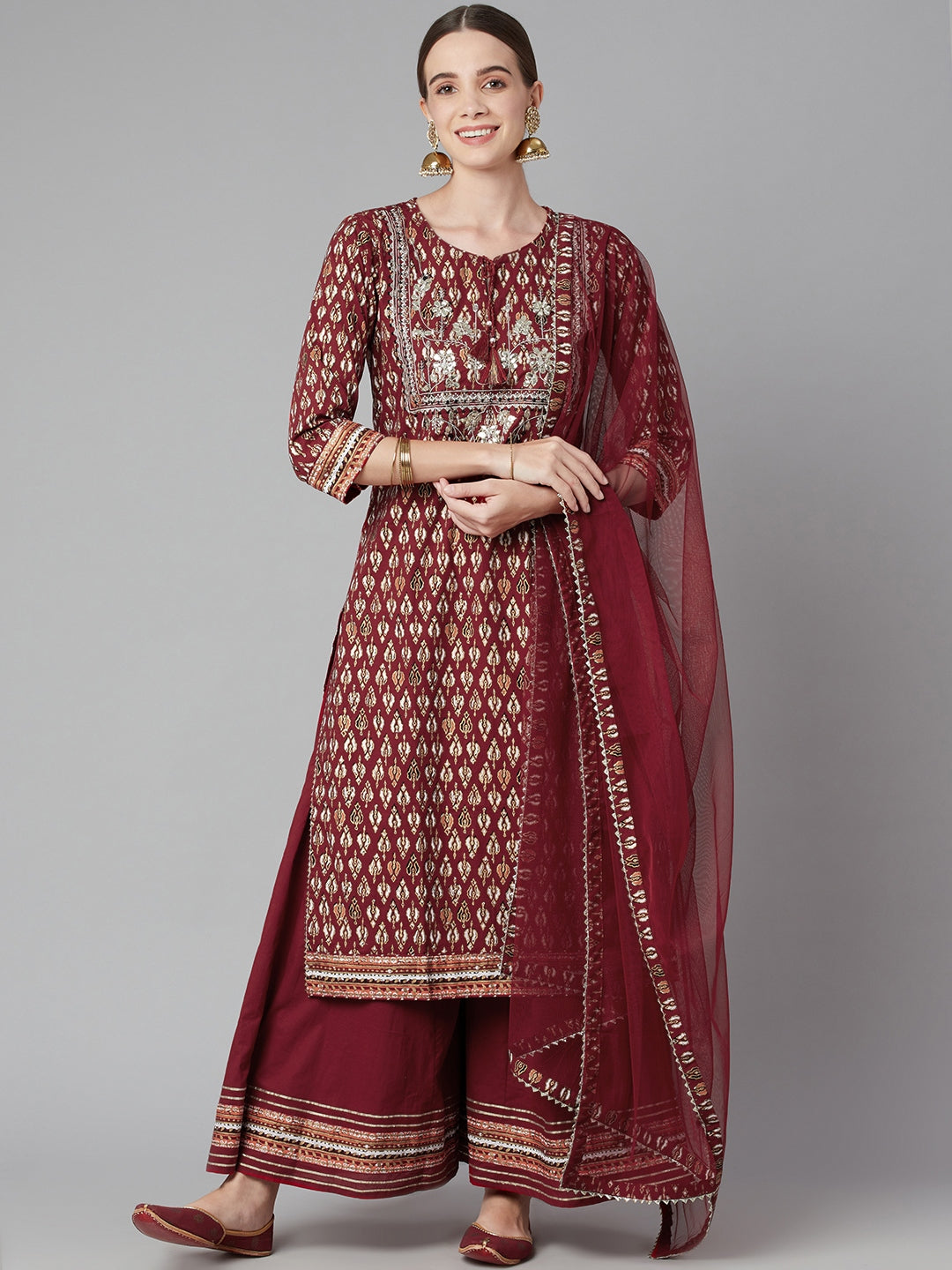 Maroon Cotton Kurta Palazzo Set with Net Dupatta