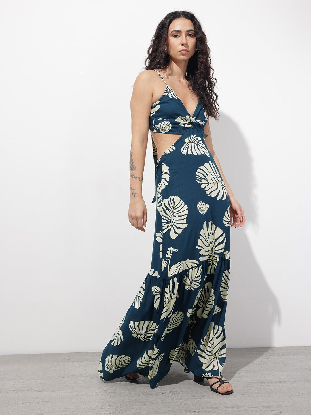 Blue Shoulder Strap Viscose Rayon Fit & Flare Maxi Dress