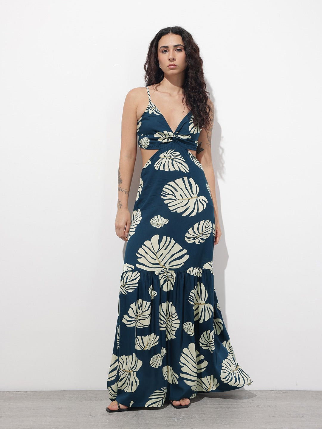 Blue Shoulder Strap Viscose Rayon Fit & Flare Maxi Dress
