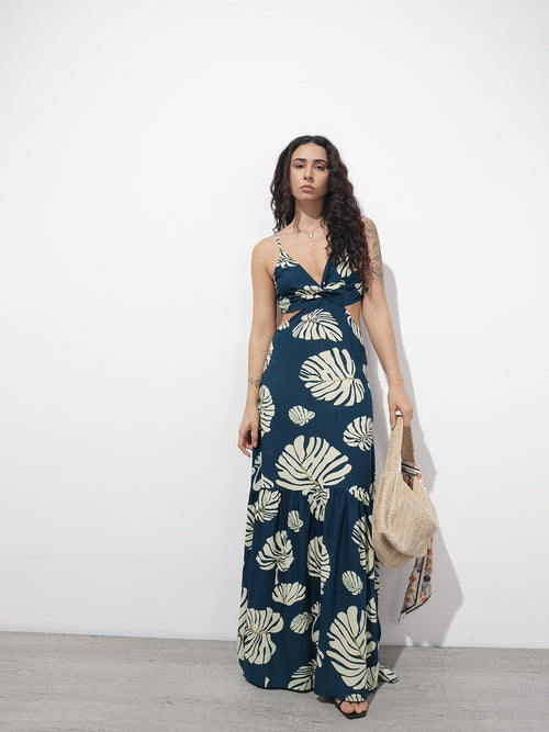 Blue Shoulder Strap Viscose Rayon Fit & Flare Maxi Dress