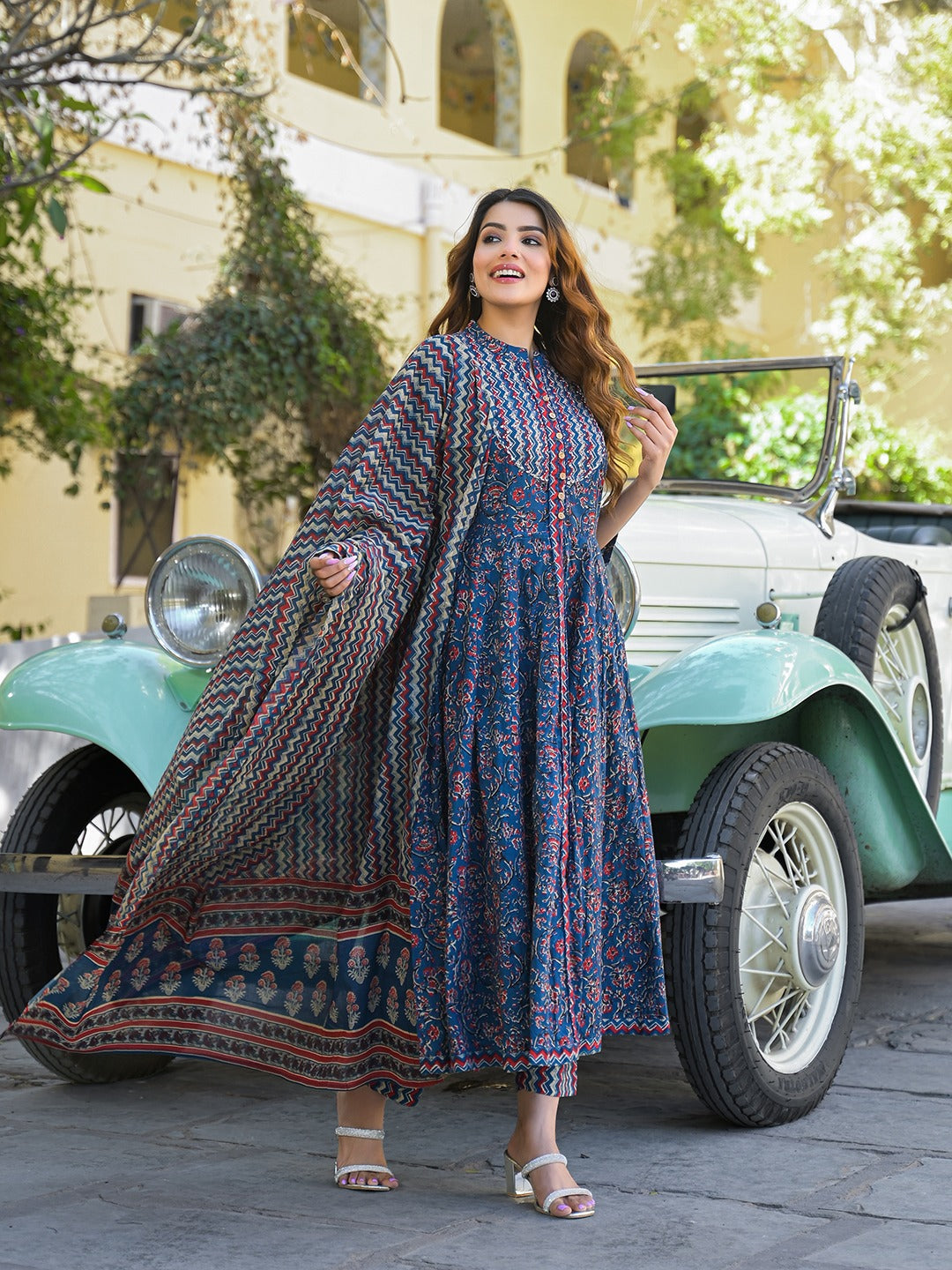 Multicolor Floral Print Pure Cotton Kurta Pant Set with Dupatta