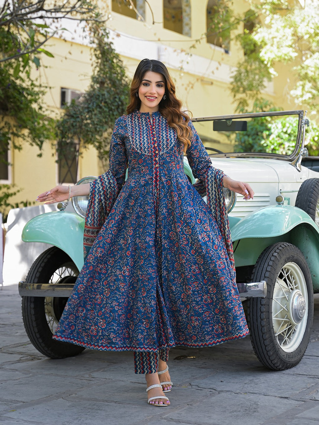 Multicolor Floral Print Pure Cotton Kurta Pant Set with Dupatta