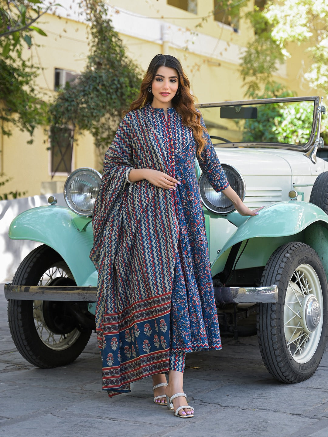Multicolor Floral Print Pure Cotton Kurta Pant Set with Dupatta