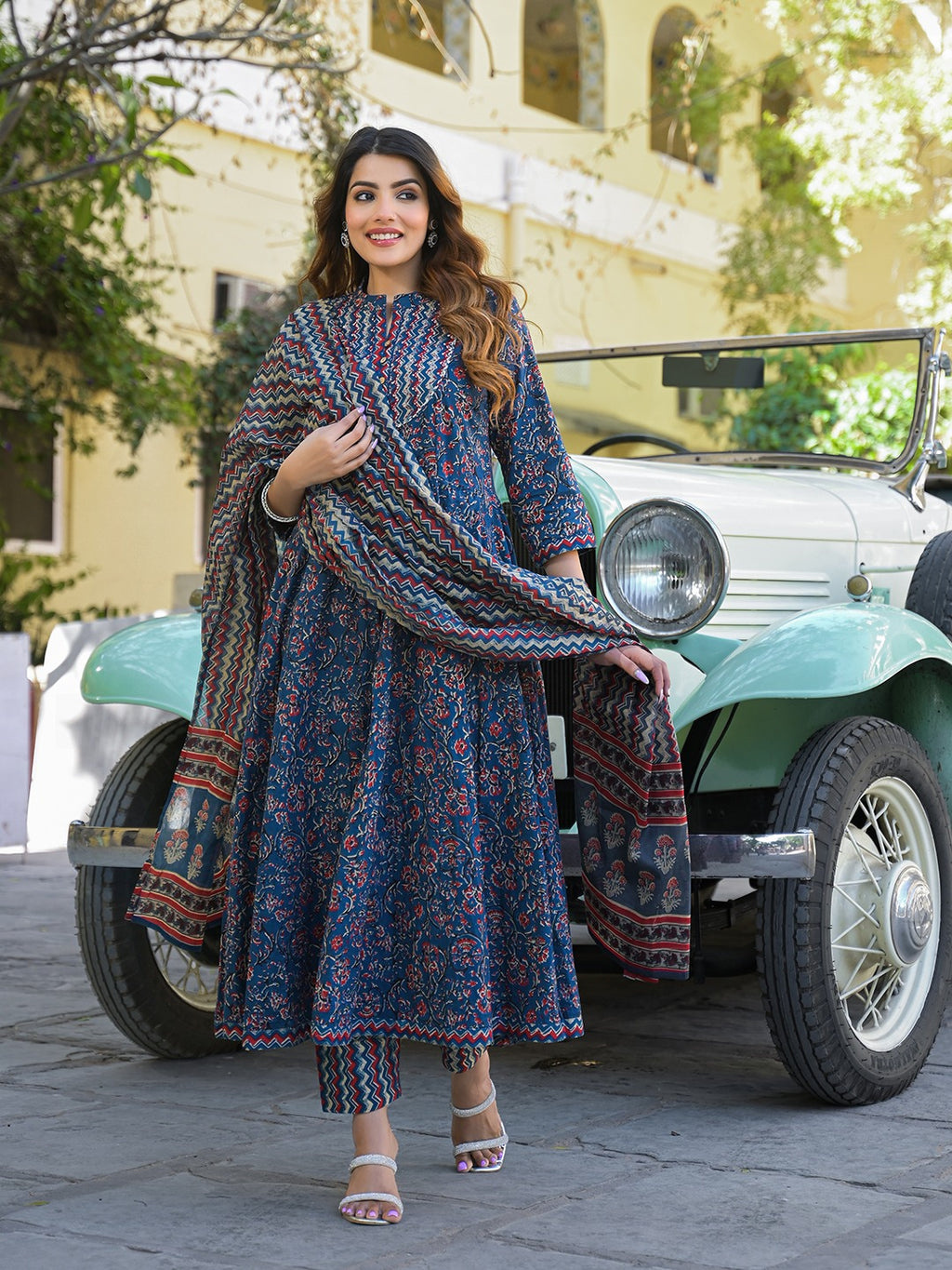 Multicolor Floral Print Pure Cotton Kurta Pant Set with Dupatta