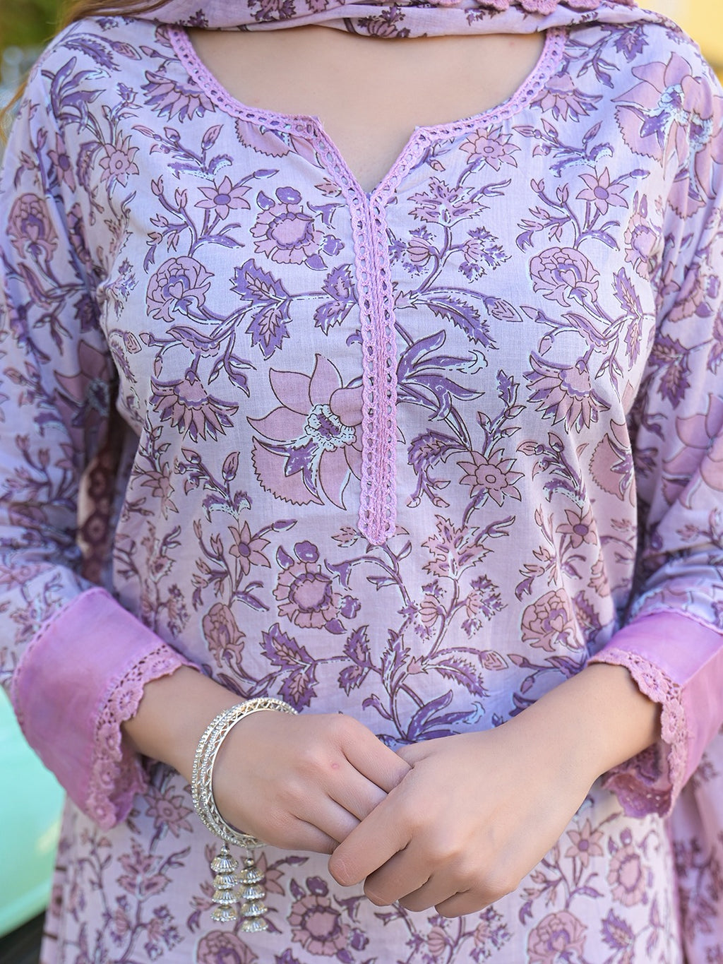 Light Purple Floral Printed Pure Cotton Kurta Pant Set with Dupatta