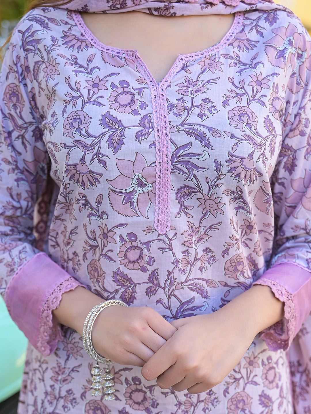 Light Purple Floral Printed Pure Cotton Kurta Pant Set with Dupatta
