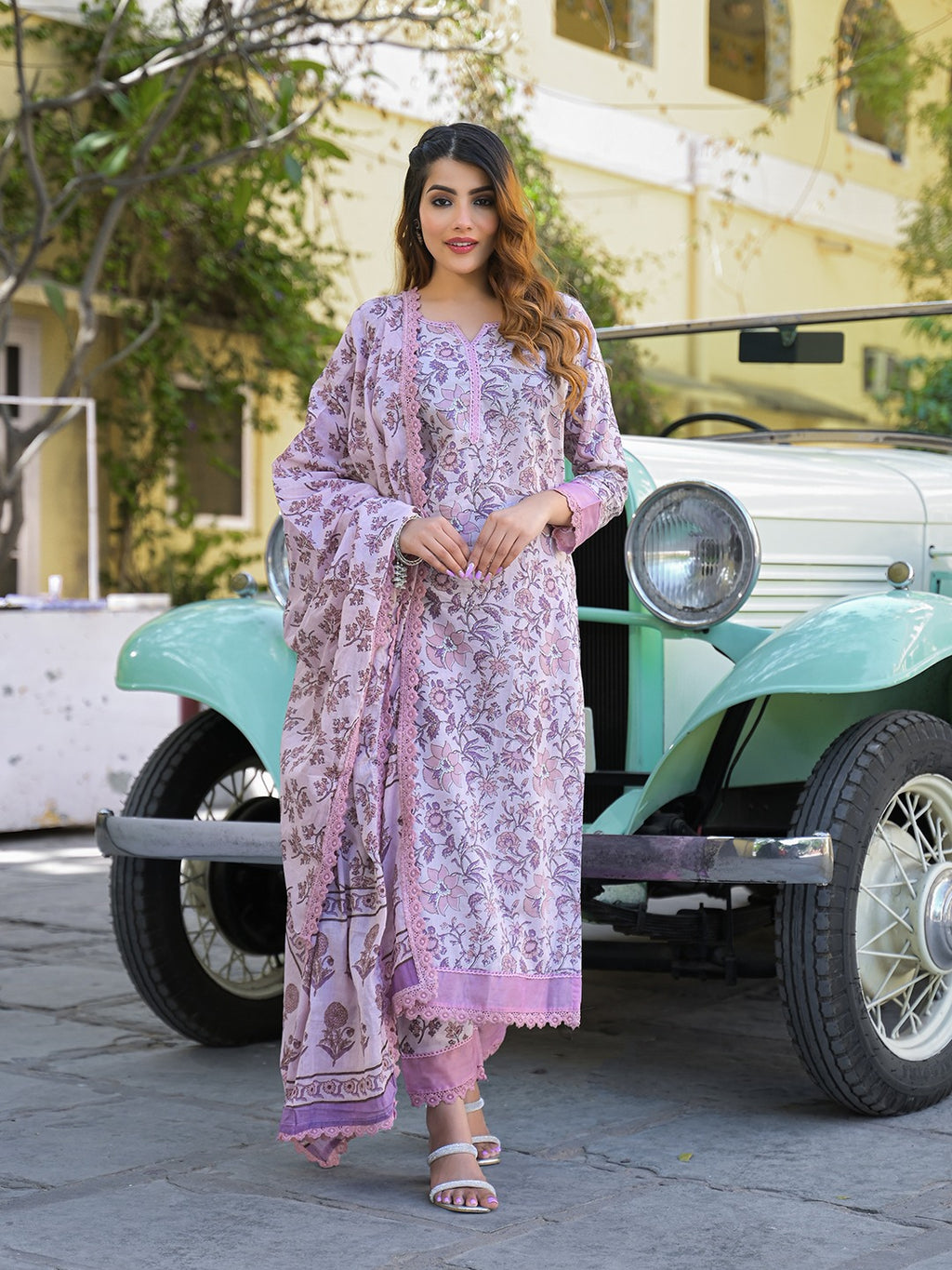 Light Purple Floral Printed Pure Cotton Kurta Pant Set with Dupatta