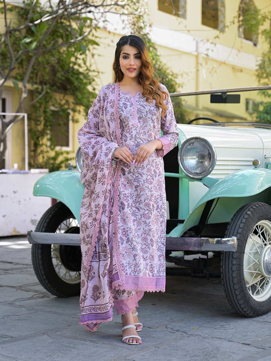 Light Purple Floral Printed Pure Cotton Kurta Pant Set with Dupatta