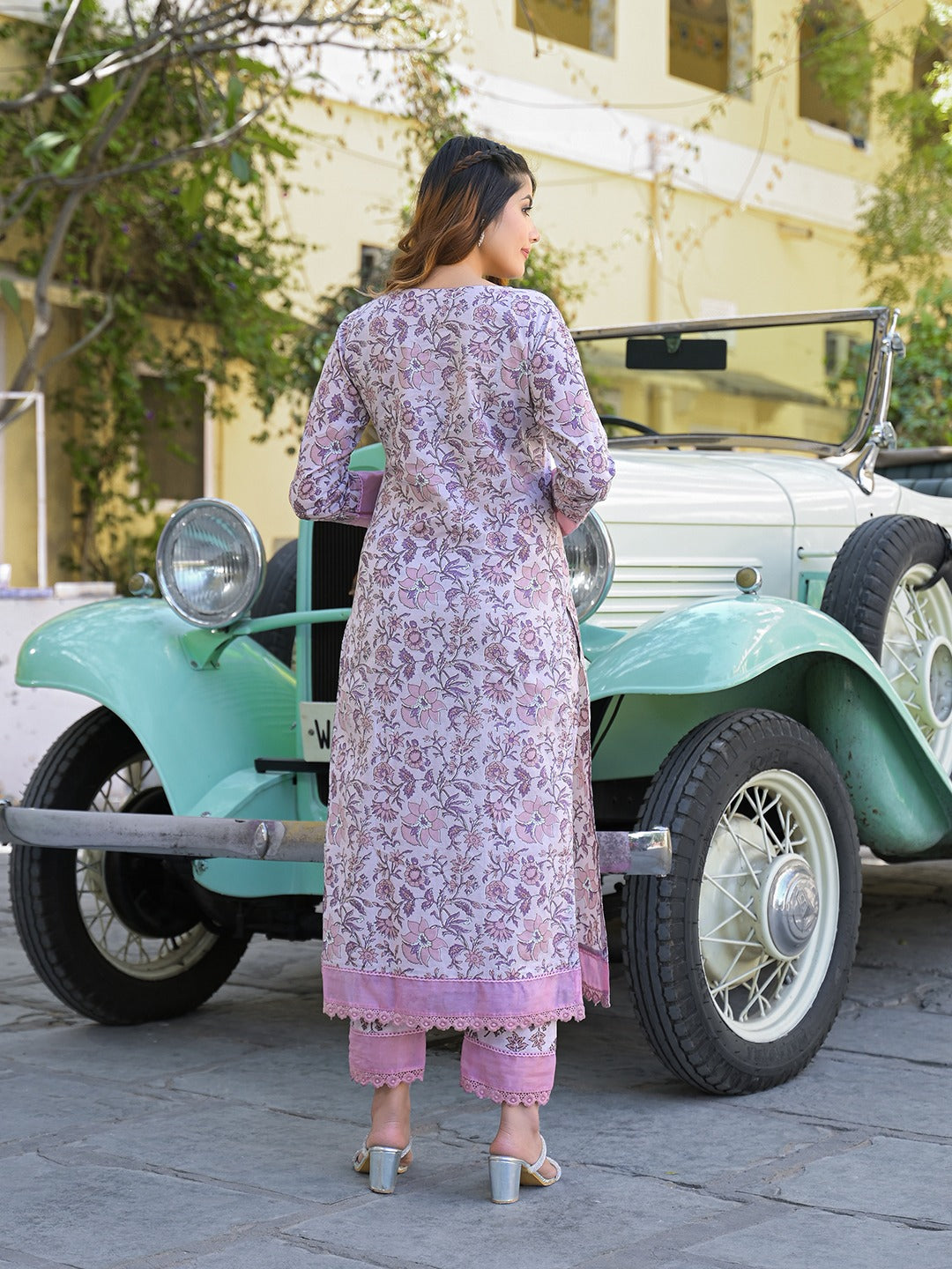 Light Purple Floral Printed Pure Cotton Kurta Pant Set with Dupatta