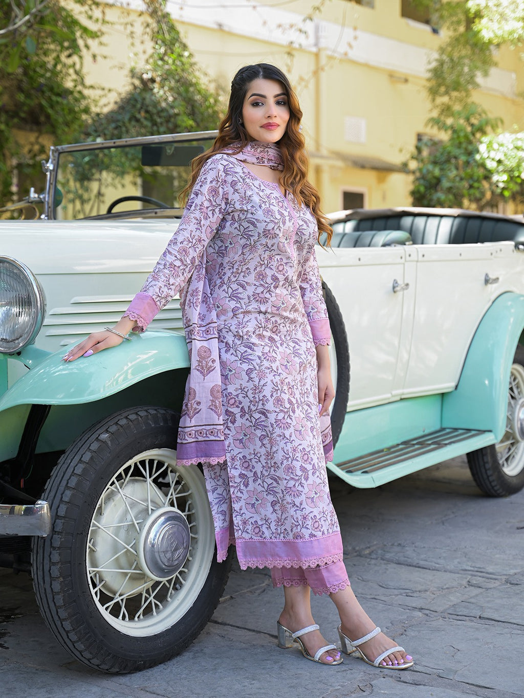 Light Purple Floral Printed Pure Cotton Kurta Pant Set with Dupatta