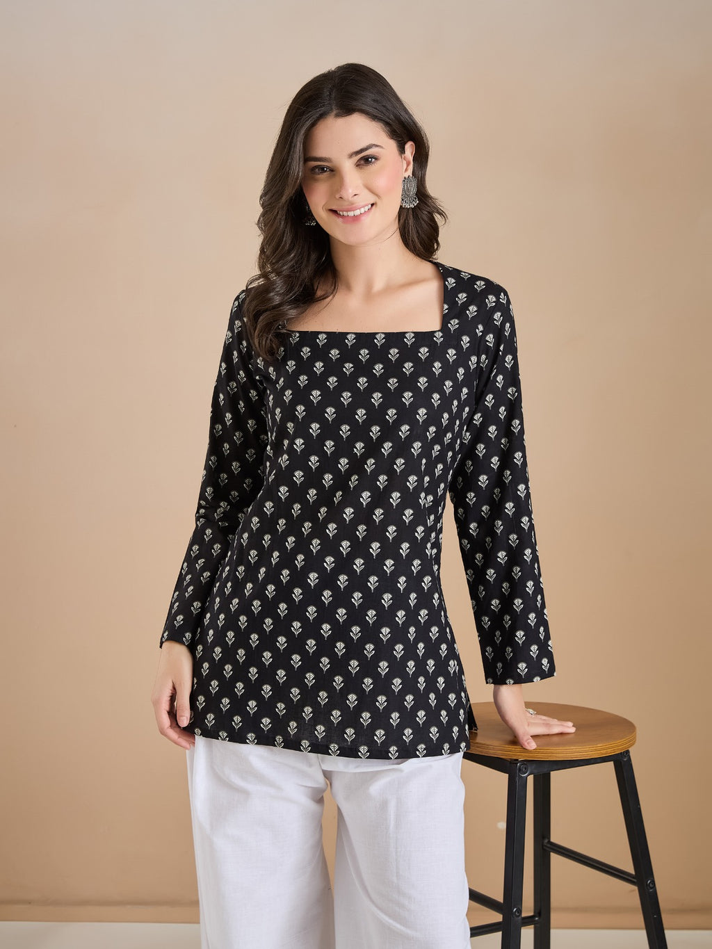 Women’s Floral Print Pure Cotton Black Square Neck Top
